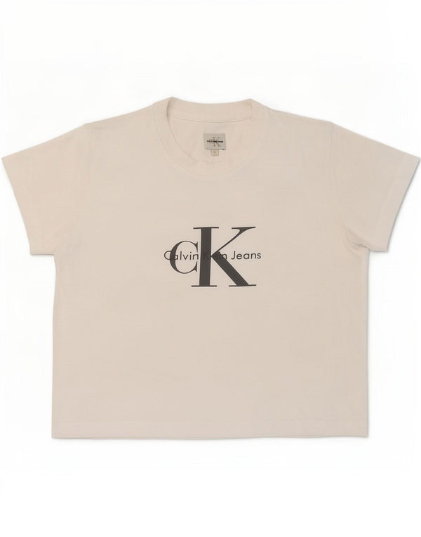 Calvin Klein Jeans Tricou cu grafic crop pentru femei Top UK 12 Medium White
