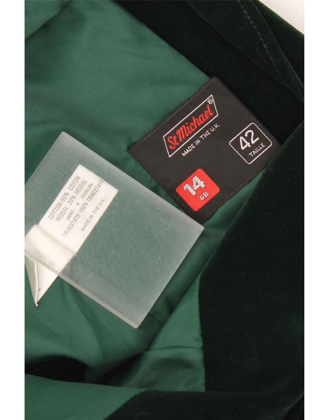 Jachetă pentru femei St Michael, din catifea, cu 2 nasturi, UK 14, bumbac verde mediu