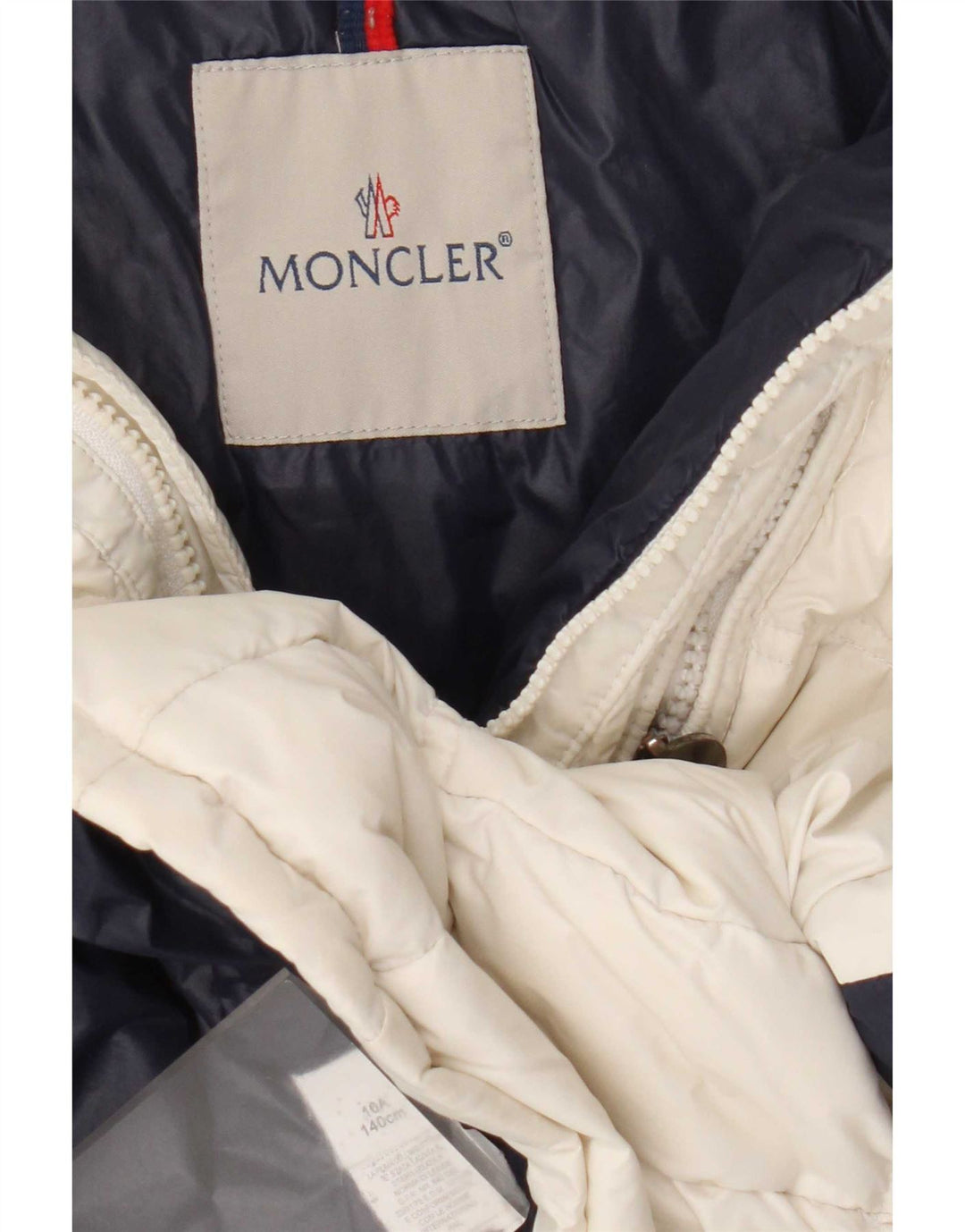 Jachetă căptușită cu grafică Moncler pentru fete 9-10 ani, albă, din poliamidă color bloc