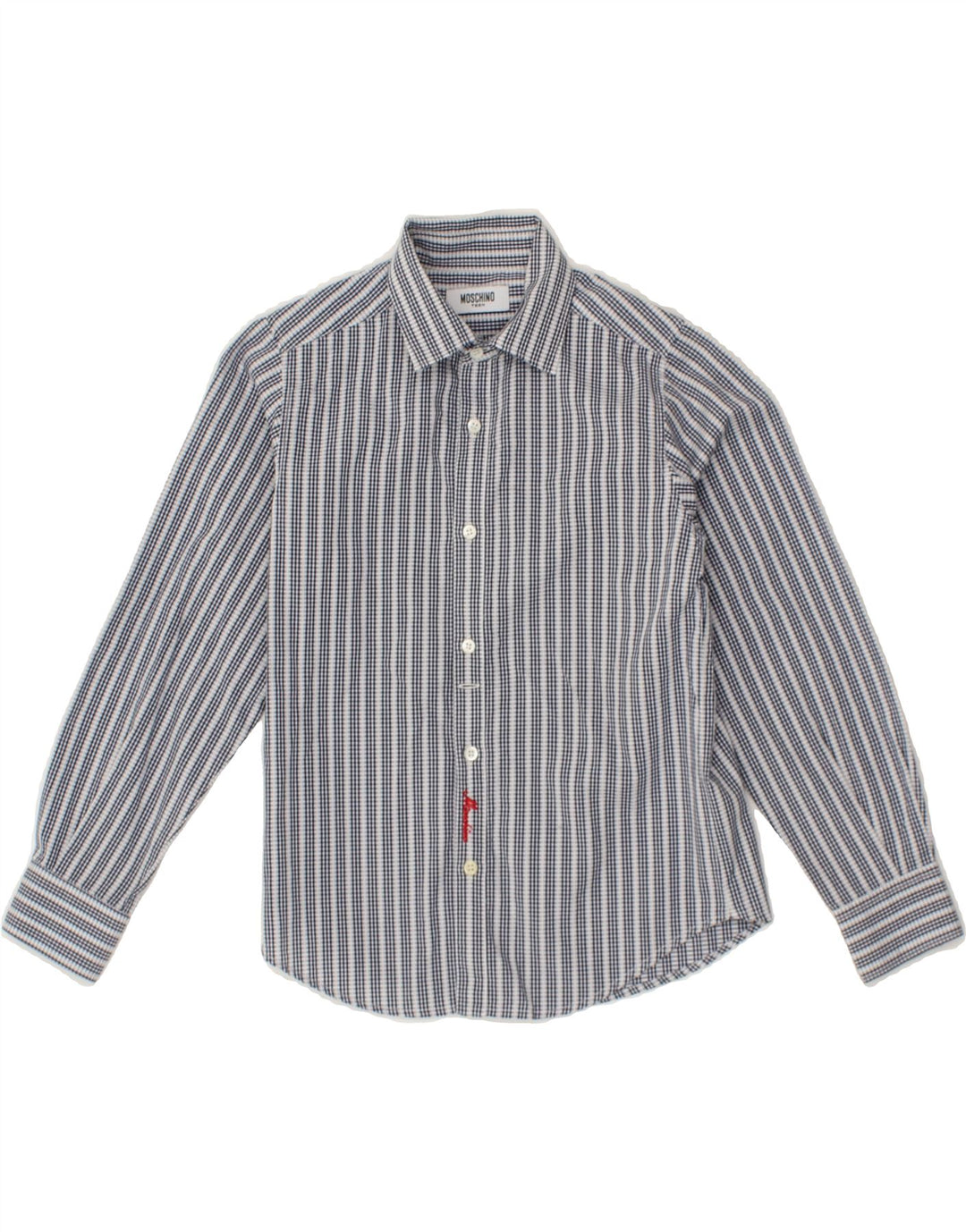 MOSCHINO Boys Shirt 7-8 Years Navy Blue Striped Cotton Vintage Moschino and Second-Hand Moschino from Messina Hembry 