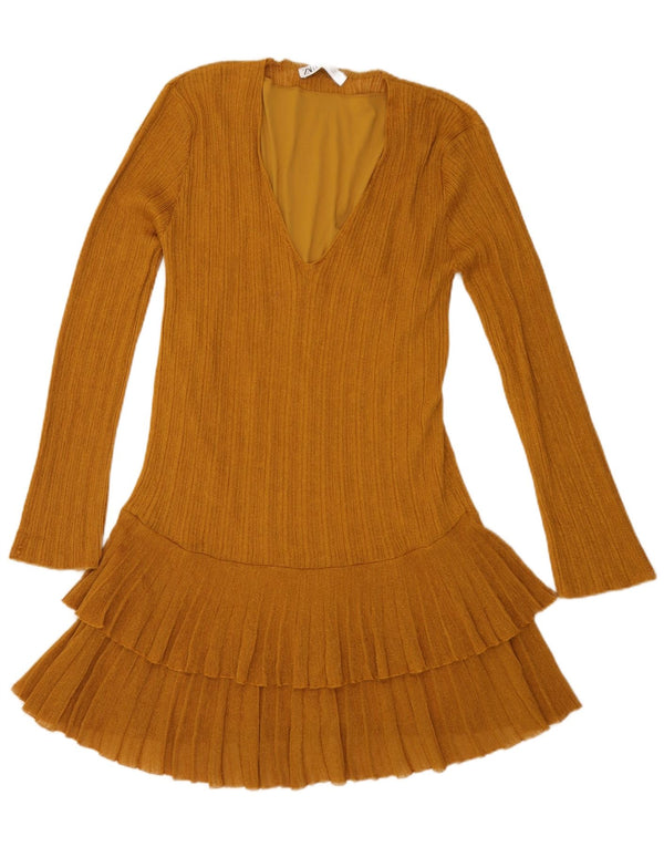 Zara Womens Long Sleeve Tiered Dress UK 14 Large Brown Viscose