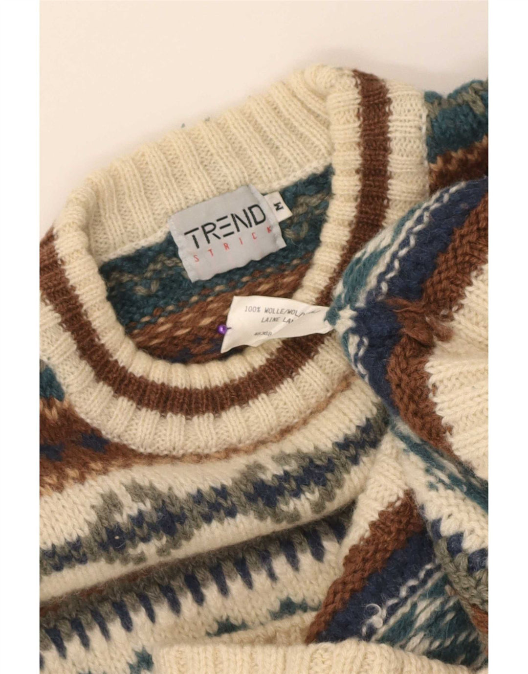 Pulover vintage pentru bărbați cu decolteu rotund, lână Fair Isle, bej mediu