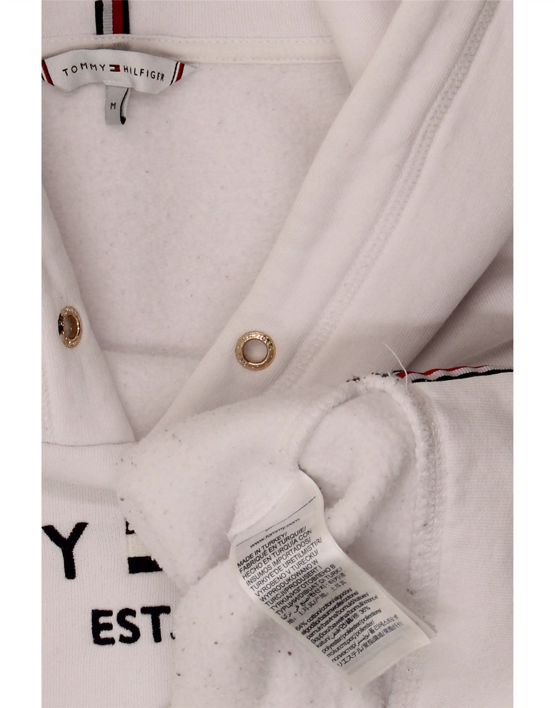 TOMMY HILFIGER Pulover supradimensionat cu capota cu grafic pentru femei UK 14 Medium White