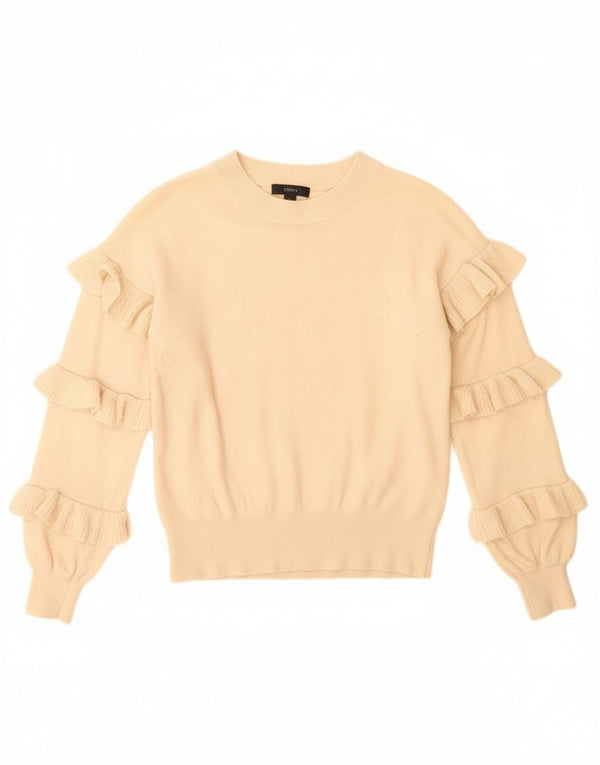 J. Crew Pulover pentru damă cu volan, cu gât crew, UK 6 XS Lână bej