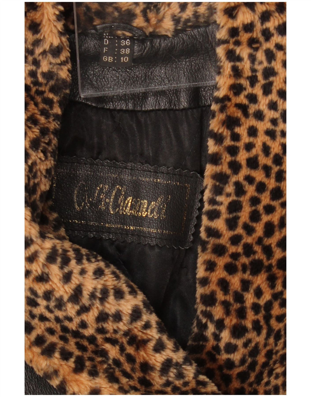 Palton de piele supradimensionat pentru femei VINTAGE UK 10 mic negru cu imprimeu animal