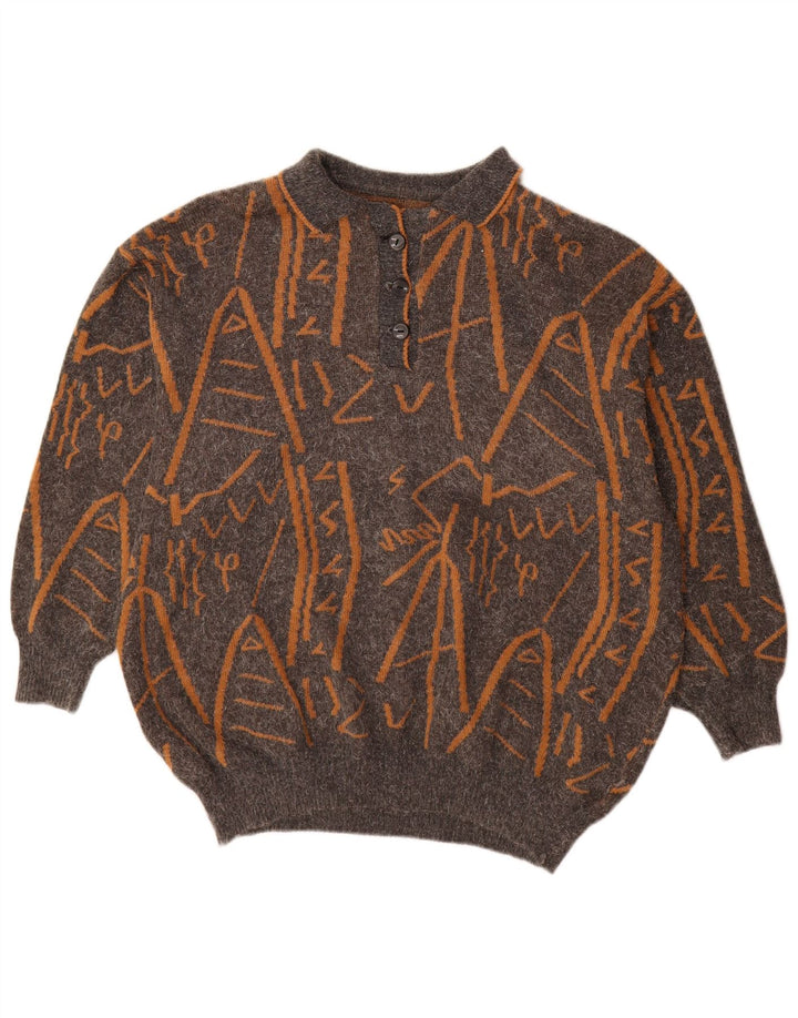 Pulover vintage pentru femei cu model abstract, pulover cu gât polo, UK 16, mare, gri