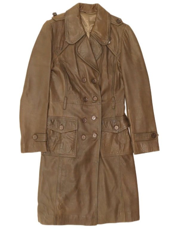 Palton dublu din piele militară vintage pentru femei UK 10 mic kaki