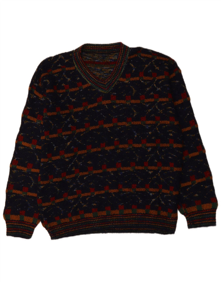 VINTAGE Pulover cu decolteu în V pentru bărbați XL Lână geometrică bleumarin