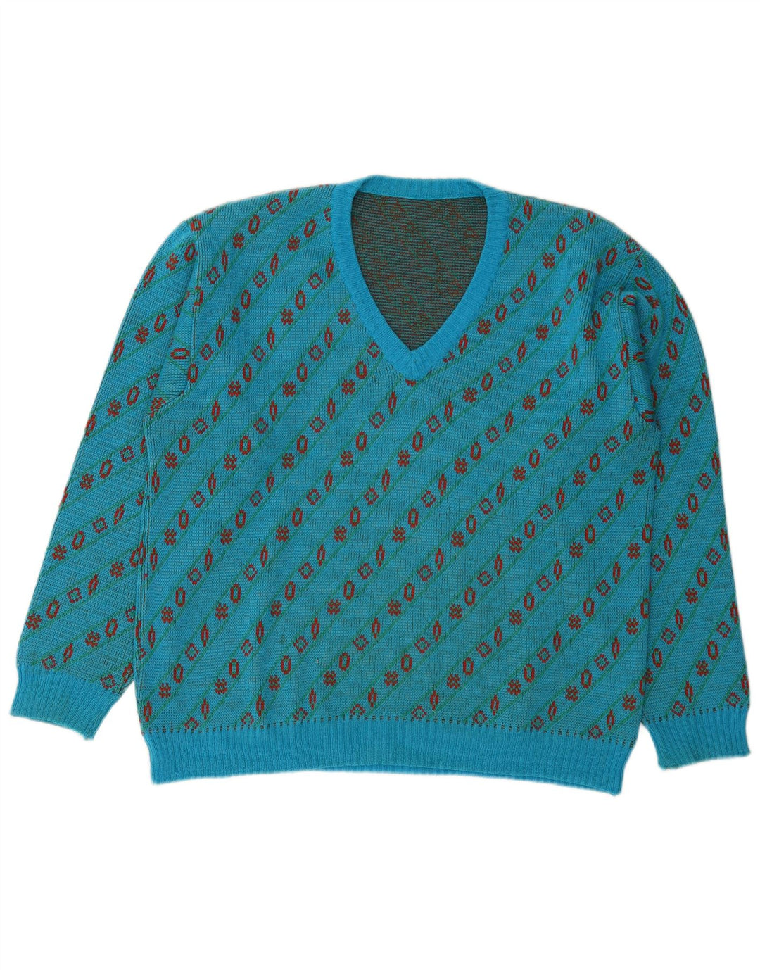 Pulover vintage pentru bărbați cu decolteu în V, mare, lână geometrică, albastră
