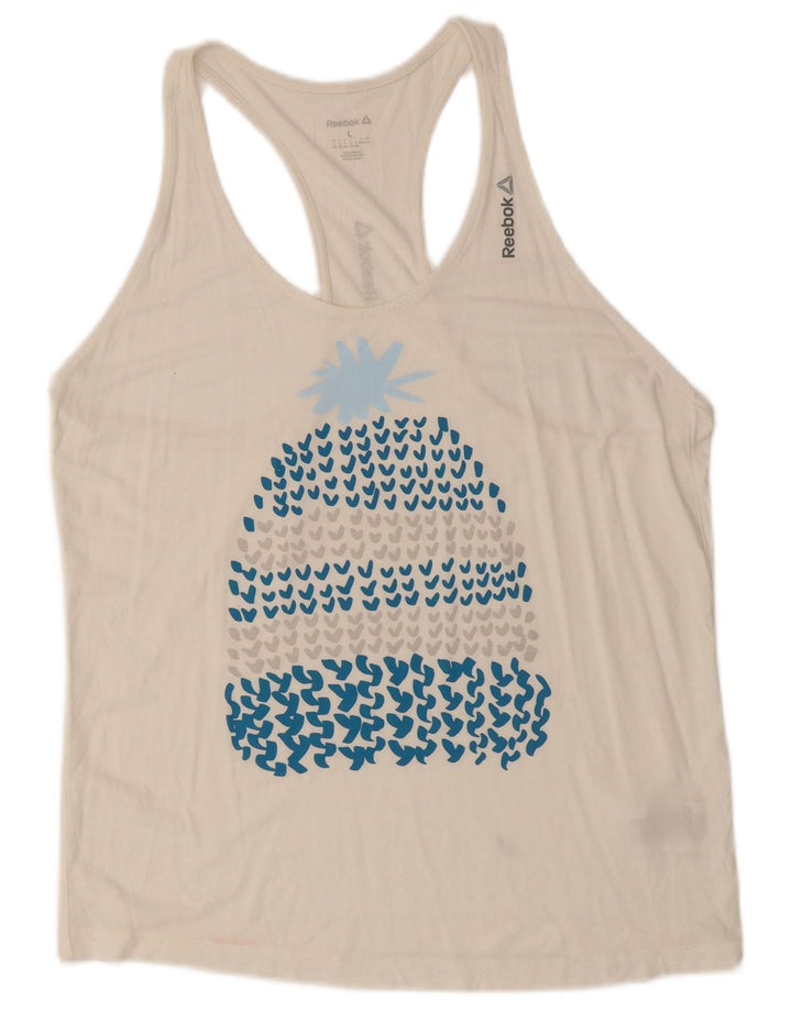 Top cu vestă grafică REEBOK pentru femei UK 16/18, mare, alb, modal