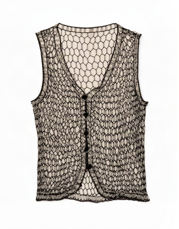 Bluză din croșetat fără mâneci vintage pentru femei UK 14 Medium Black