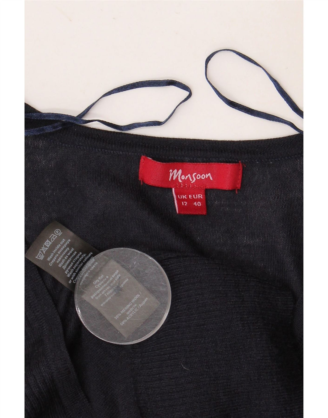 Pulover cardigan pentru femei Monsoon UK 12 Mediu Lână merino bleumarin