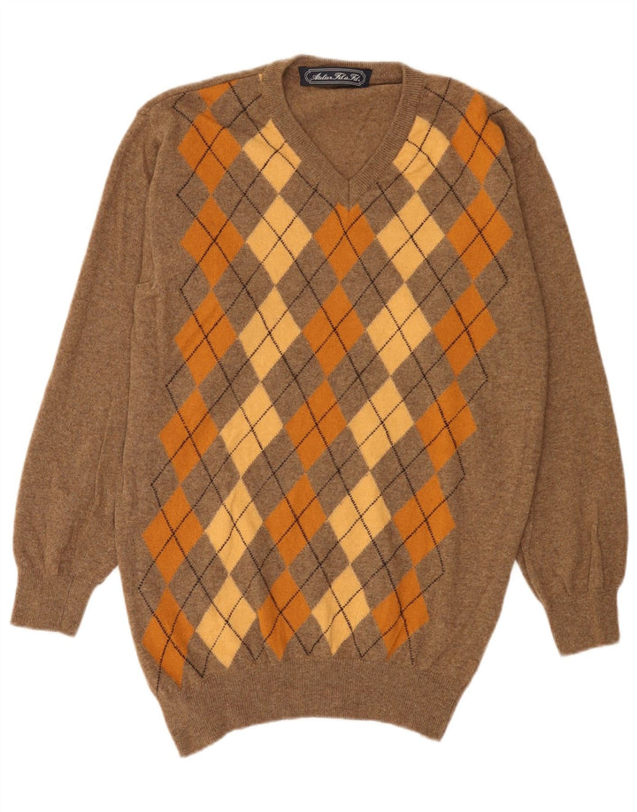 Pulover vintage pentru bărbați cu decolteu în V XL maro din lână Argyle/Diamond