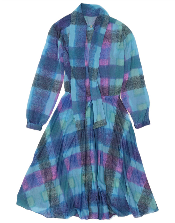 Rochie A-Line cu mânecă lungă, cu mâneci lungi, cu carouri mici, albastre