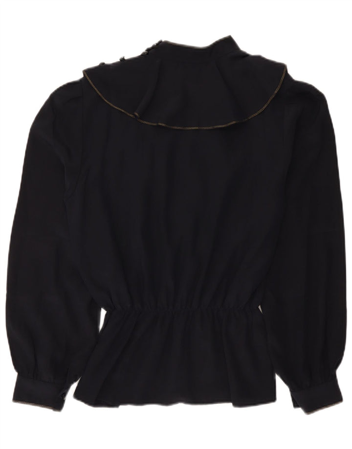 Bluză vintage cu mâneci lungi pentru femei UK 14 Medium Bleumarin Floral