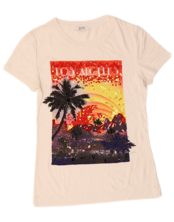 Tricou grafic Guess Los Angeles Top UK 10 Bumbac alb mic
