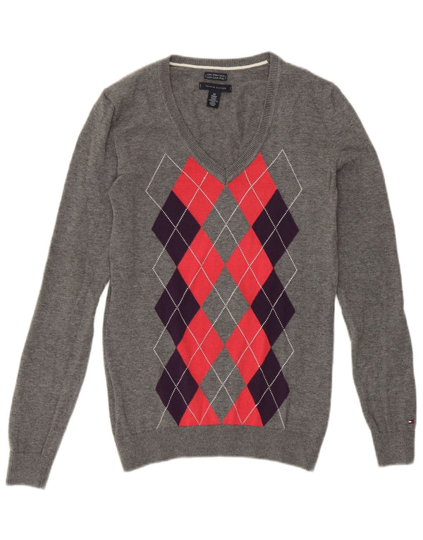 TOMMY HILFIGER Pulover cu decolteu în V pentru femei UK 6 XS Gri Argyle/Diamond