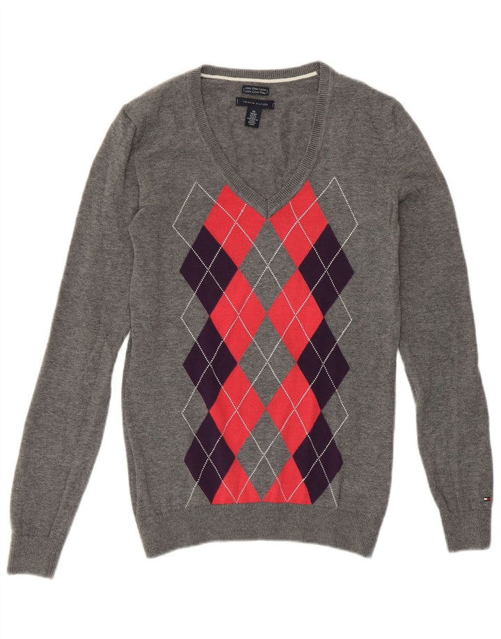 TOMMY HILFIGER Pulover cu decolteu în V pentru femei UK 6 XS Gri Argyle/Diamond