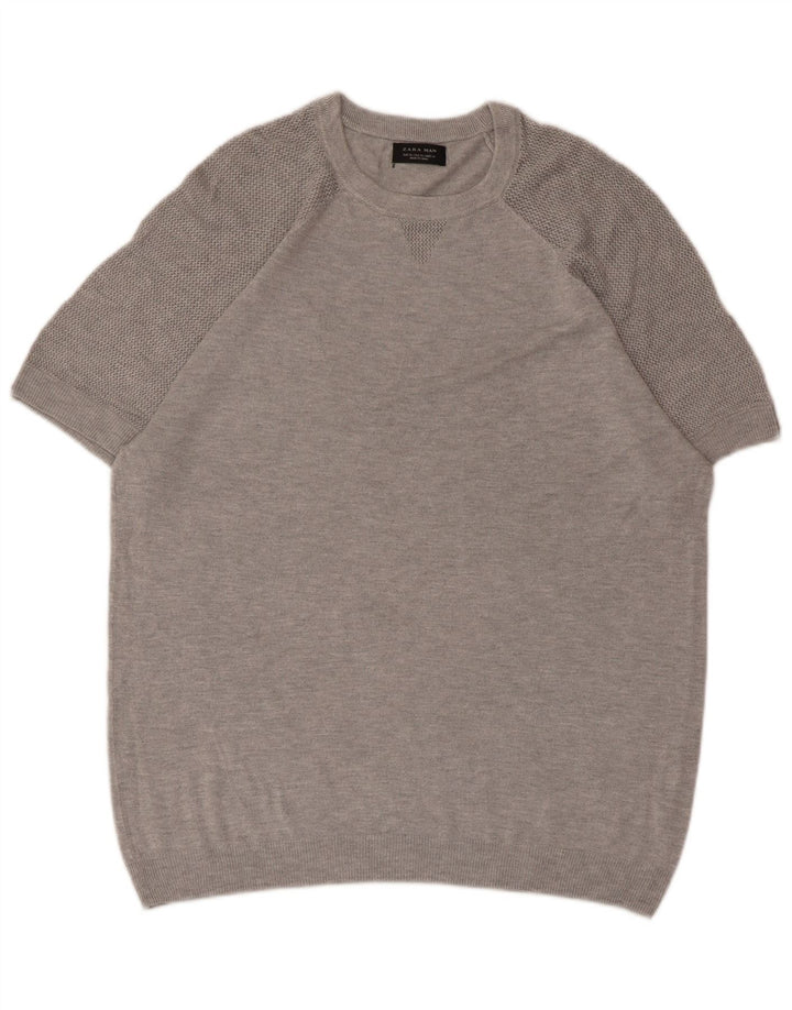 Pulover ZARA pentru bărbați, cu mânecă scurtă, cu decolteu, XL, gri