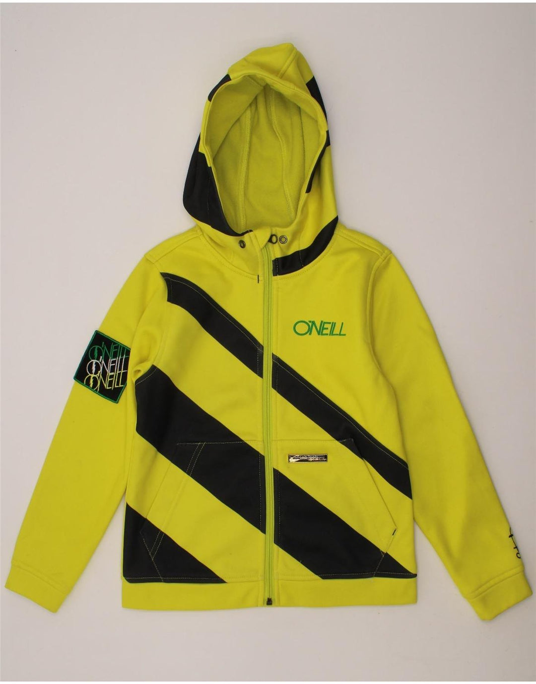 O'NEILL Boys Graphic Zip Hoodie Sweater 7-8 Years Yellow Striped Polyester Vintage O'Neill and Second-Hand O'Neill from Messina Hembry 