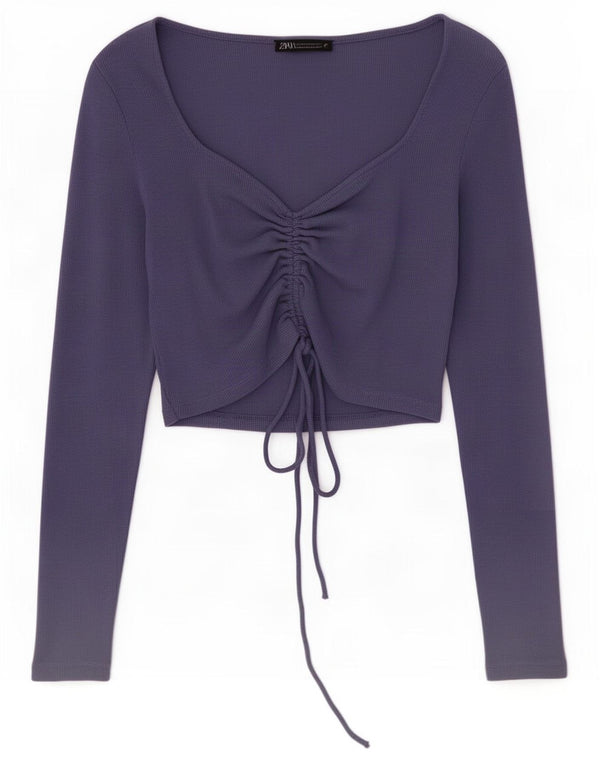 Crop Top pentru femei Zara cu mânecă lungă UK 12, bumbac violet mediu