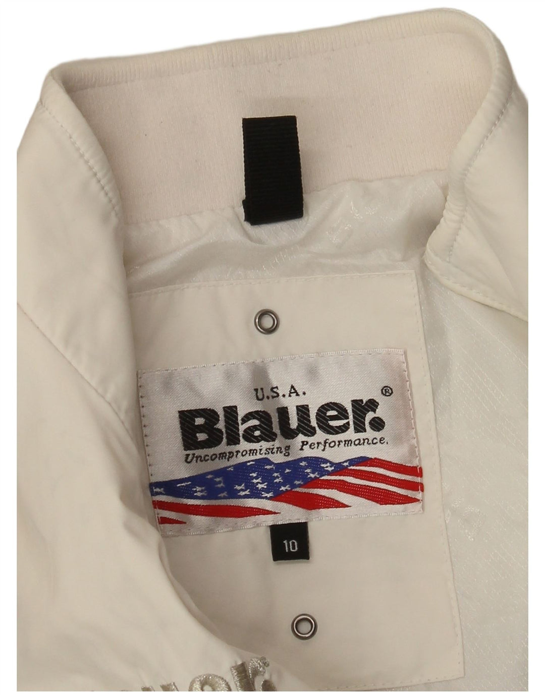 Jachetă Bomber cu grafică Blauer pentru fete 9-10 ani, albă, clasică