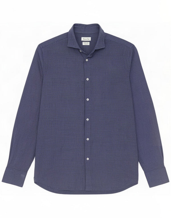 Massimo Dutti Cămașă de flanel pentru bărbați, cu tăiere obișnuită, din bumbac cu picior de găină, albastru mic