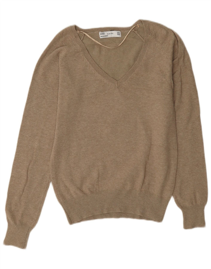 Pulover pentru femeie Zara, cu decolteu în V, UK 14, bumbac maro mediu