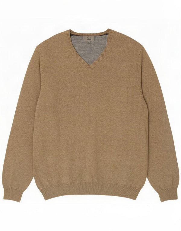Marks & Spencer Mens Regular Fit V-Neck Jumper Sweater XL Beige Cotton