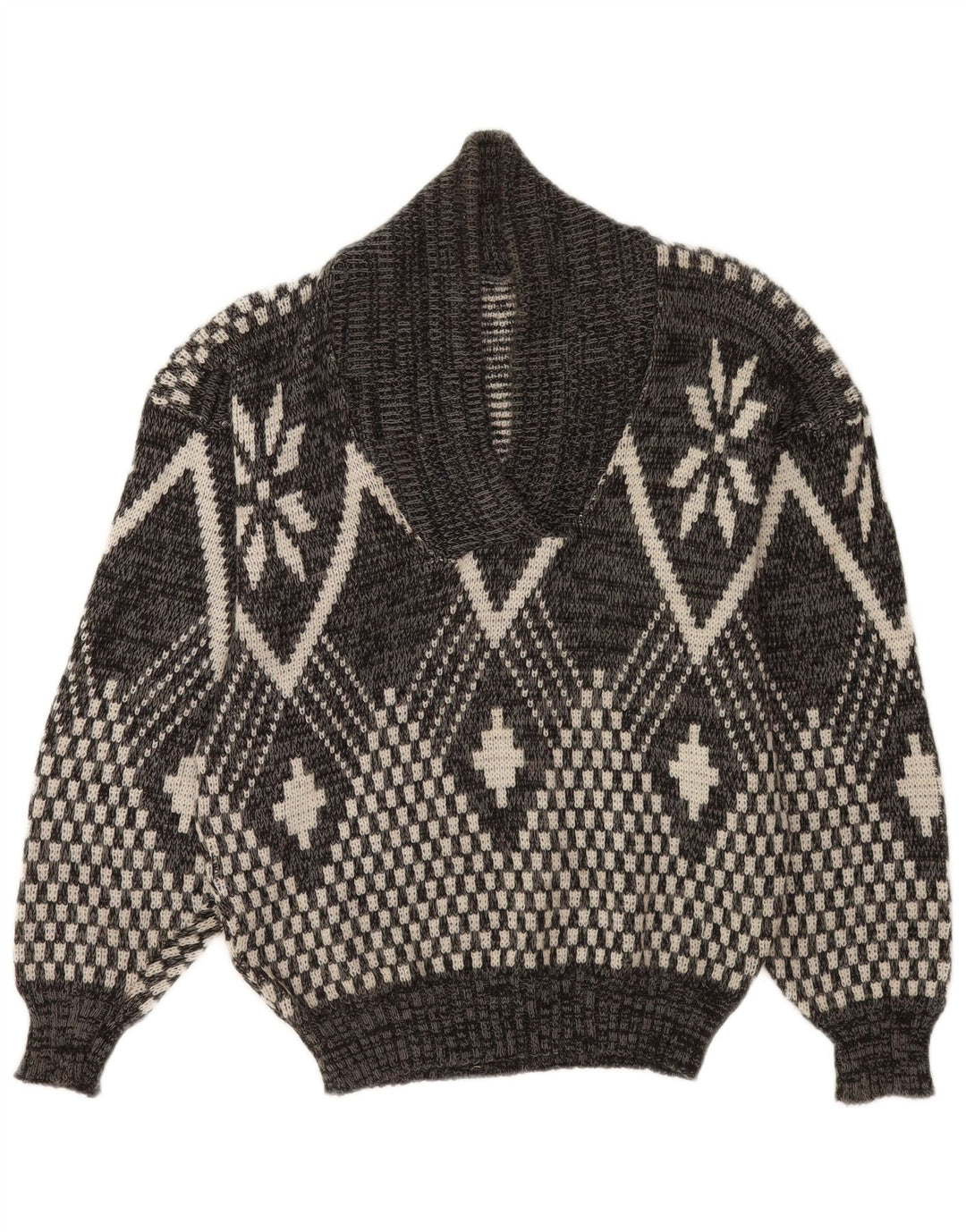 Pulover vintage pentru bărbați cu gât șal, gri mediu geometric