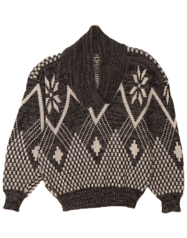 Pulover vintage pentru bărbați cu gât șal, gri mediu geometric