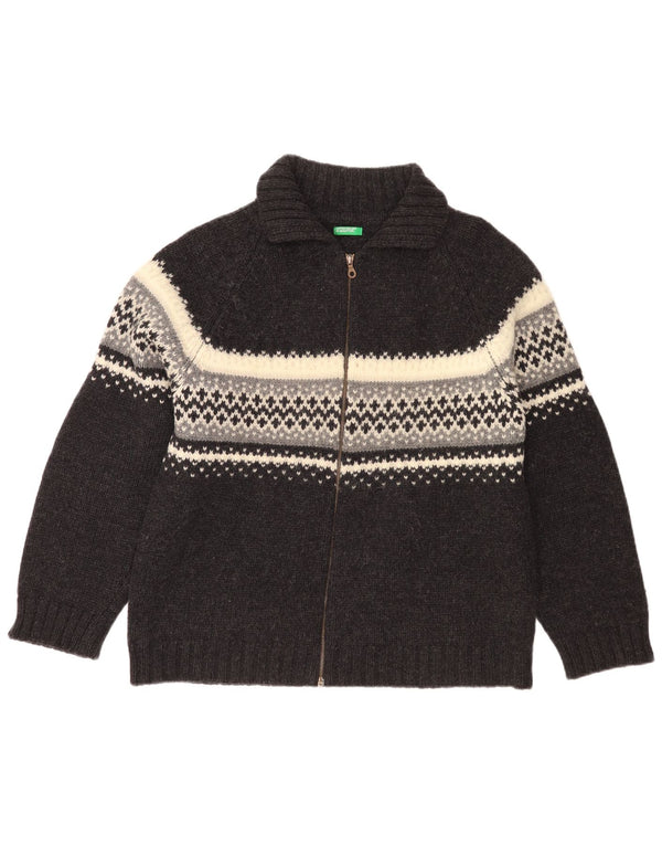 Benetton Pulover cardigan pentru femei UK 18 XL Gri Fair Isle Lână virgină
