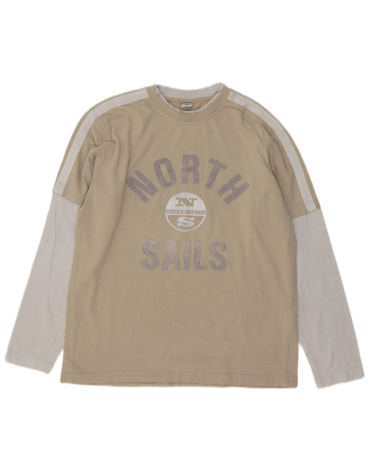 Top grafic pentru bărbați North Sails cu mânecă lungă, bej mediu, bumbac color bloc