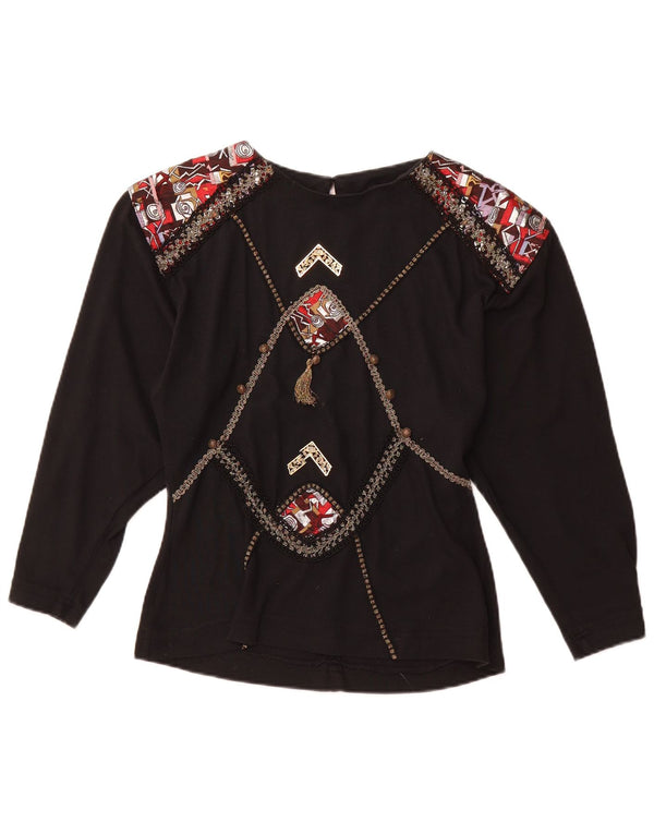 VINTAGE Bluză cu mânecă lungă cu grafică pentru femei UK 12 Medium Black Acrylic