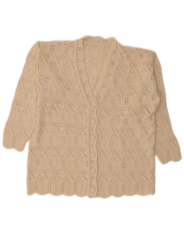 Pulover vintage cardigan croșetat cu mâneci 3/4 pentru femei UK 16 mare, bej, bumbac
