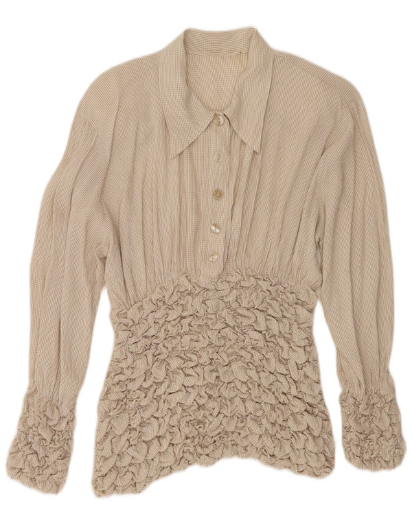 Bluză vintage pentru femei cu mâneci lungi Top UK 10 Small Beige Check Acetat
