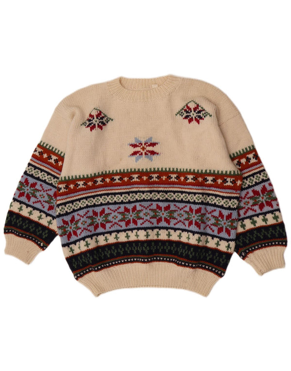 Pulover vintage pentru femei cu decolteu triplu UK 18 XL din lână Fair Isle alb
