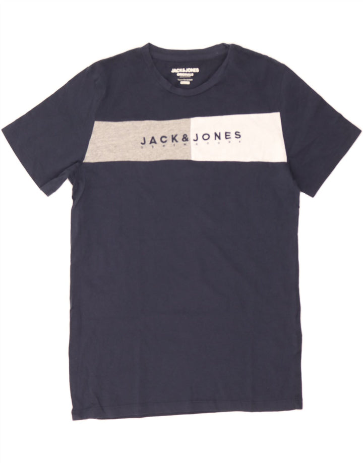 JACK & JONES Mens Graphic T-Shirt Top Small Navy Blue Colourblock Vintage Jack & Jones and Second-Hand Jack & Jones from Messina Hembry 