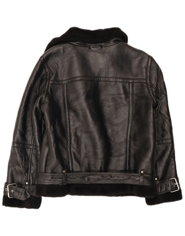 Topshop Jachetă pentru motociclist Sherpa supradimensionată pentru femei UK 10 Poliuretan negru mic