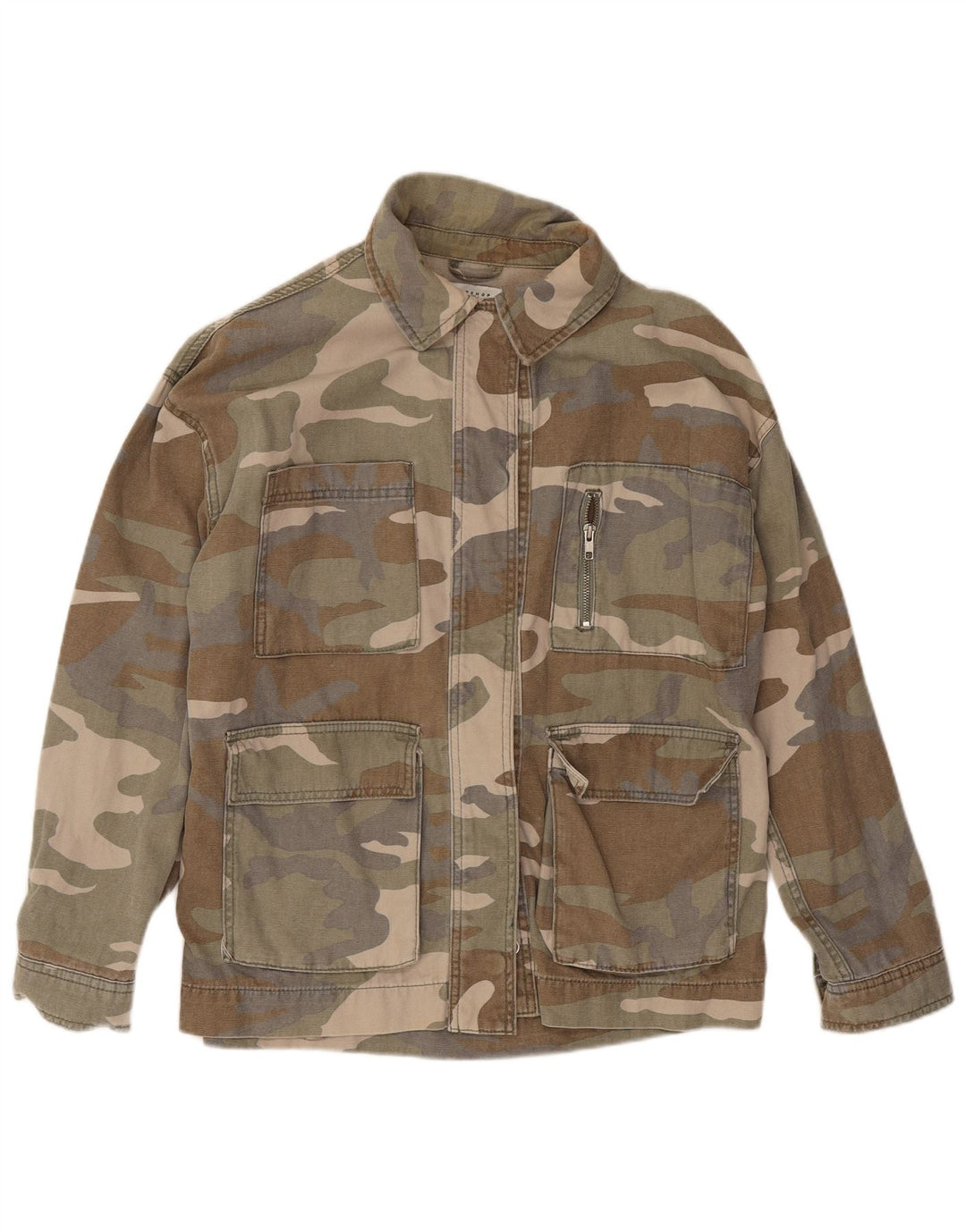 Topshop Jachetă utilitare supradimensionată pentru femei UK 10 Small Khaki Camouflage Bumbac