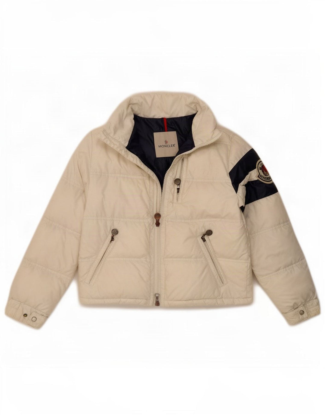 Jachetă căptușită cu grafică Moncler pentru fete 9-10 ani, albă, din poliamidă color bloc