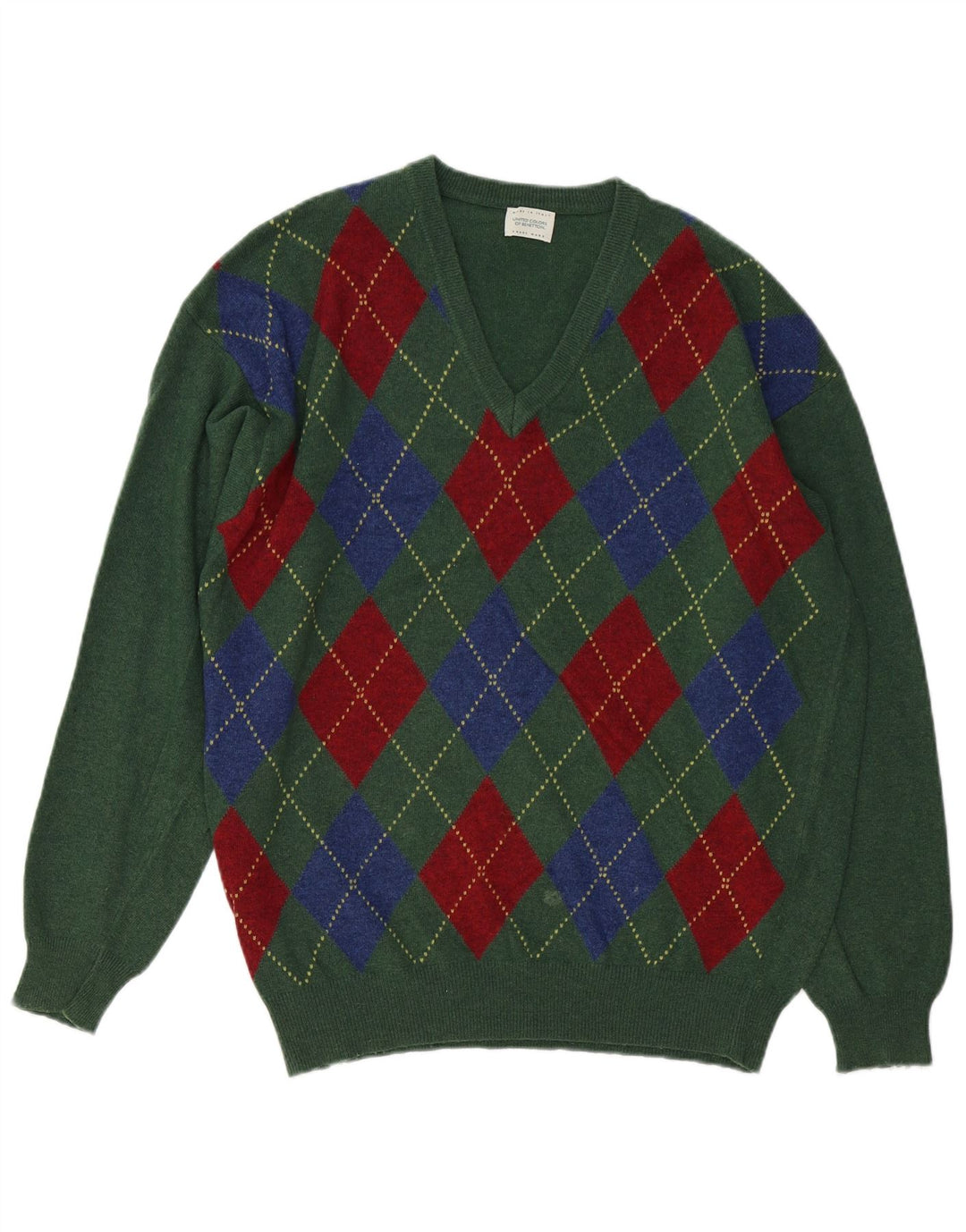 Pulover cu decolteu în V BENETTON pentru bărbați, verde mediu, lână Argyle/Diamond