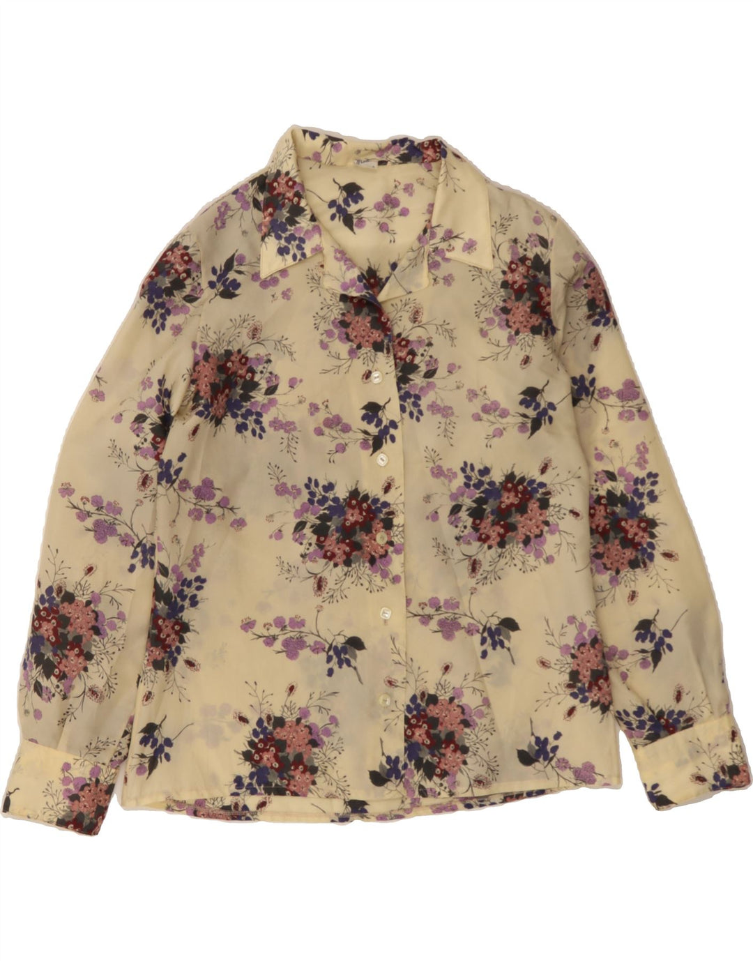 VINTAGE Womens See Through Shirt UK 14 Medium Off White Floral Polyester Vintage Vintage and Second-Hand Vintage from Messina Hembry 