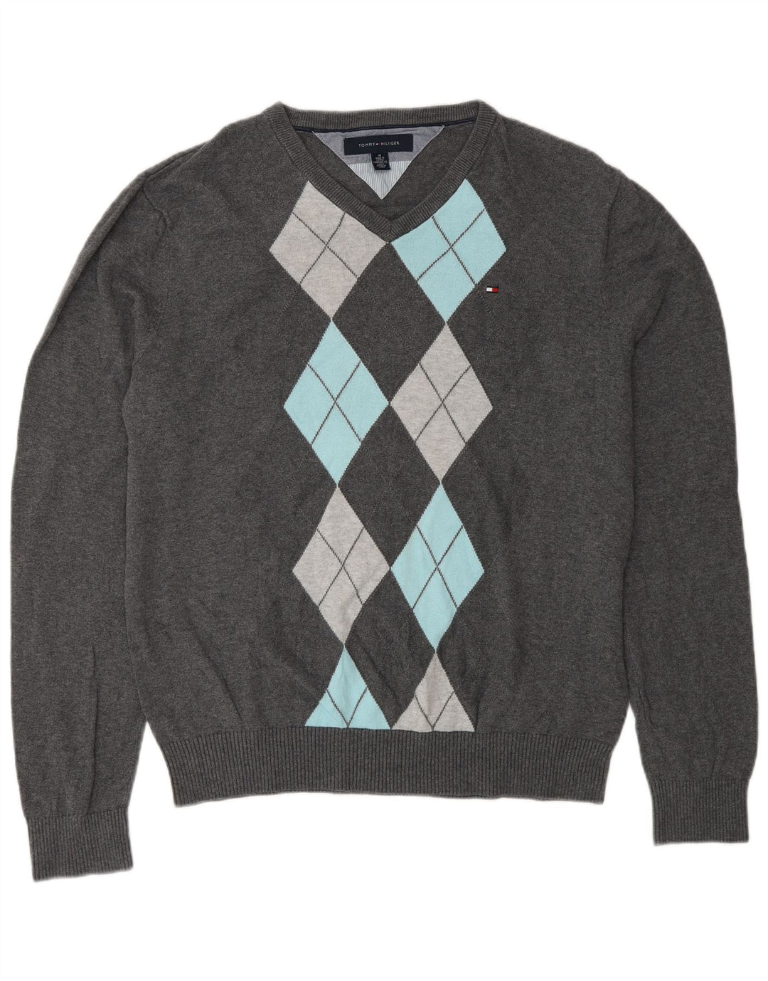 Pulover pentru bărbați Tommy Hilfiger cu decolteu în V, gri mediu, bumbac Argyle/Diamond