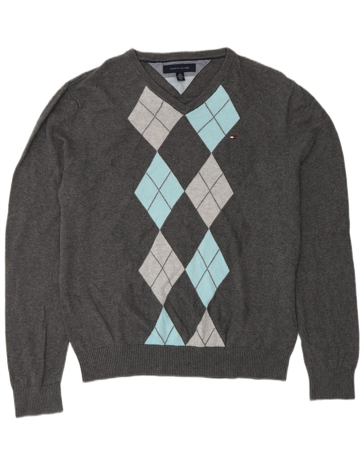 Pulover pentru bărbați Tommy Hilfiger cu decolteu în V, gri mediu, bumbac Argyle/Diamond