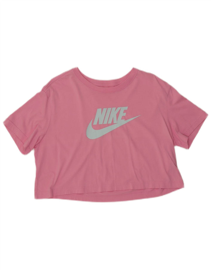 Tricou crop grafic pentru femei NIKE Top UK 14, bumbac roz mediu