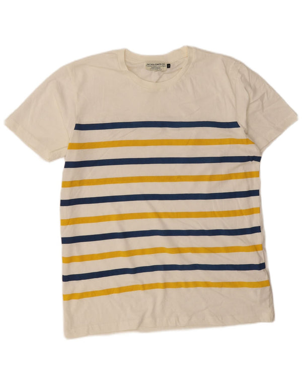 JACK & JONES Mens T-Shirt Top Large White Striped Cotton