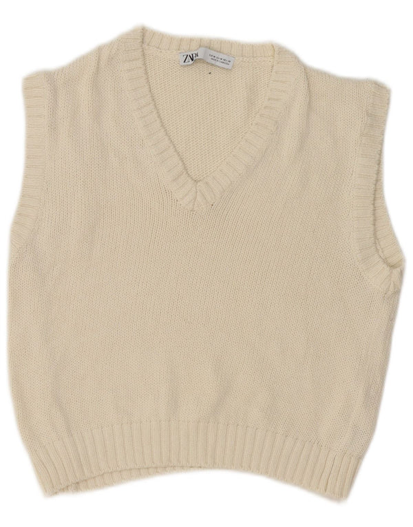 Zara femei Crop Vest Tank Top UK 12 Bumbac alb mediu