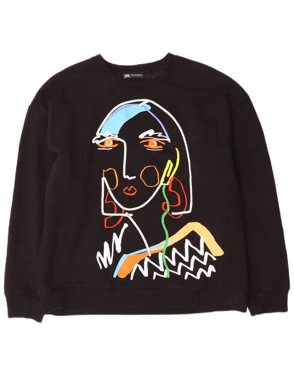Pulover supradimensionat cu grafic pentru femei Zara UK 10 Bumbac negru mic