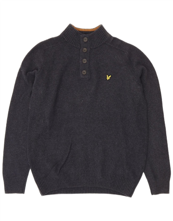 Pulover pentru bărbați Lyle & Scott, cu gât cu nasturi, din lână de miel bleumarin mare